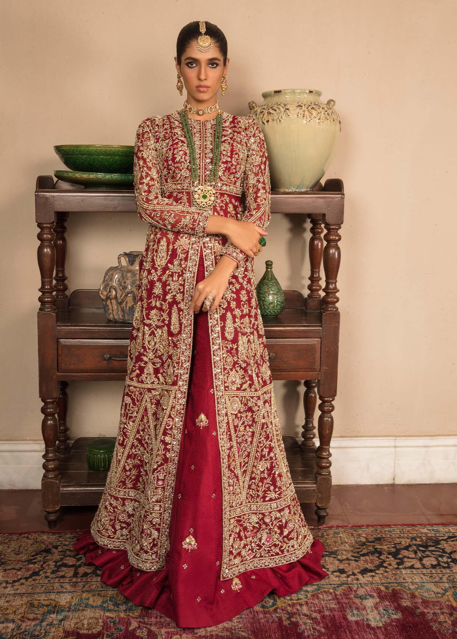 Pakistani Red Gold Embroidered Net Gown (3-Piece) - Image 1