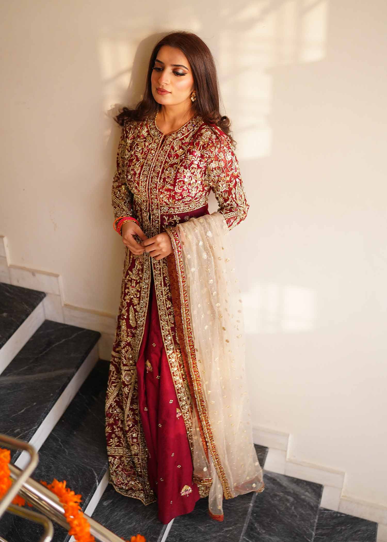 Pakistani Red Gold Embroidered Net Gown (3-Piece) - Image 10