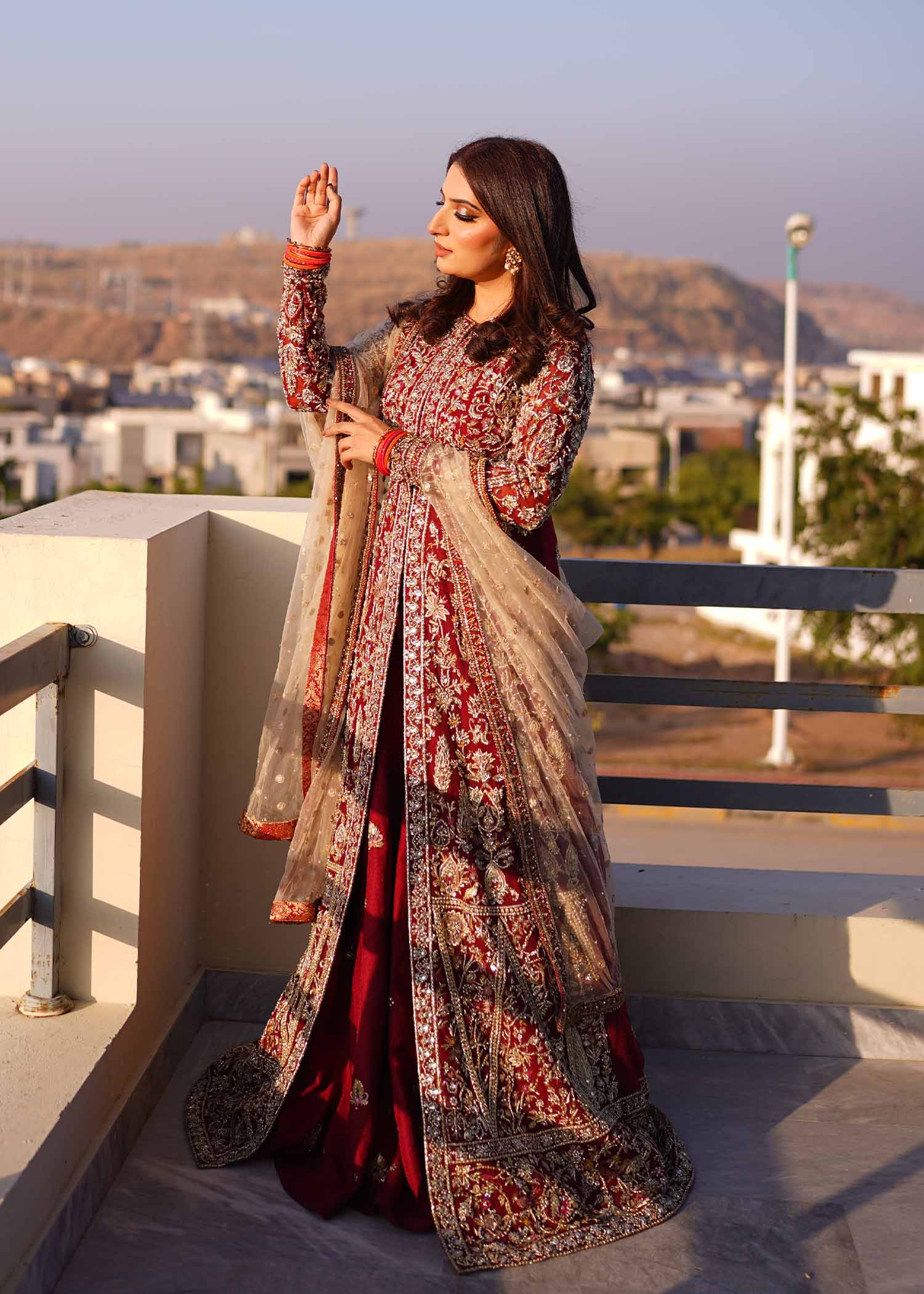Pakistani Red Gold Embroidered Net Gown (3-Piece) - Image 11