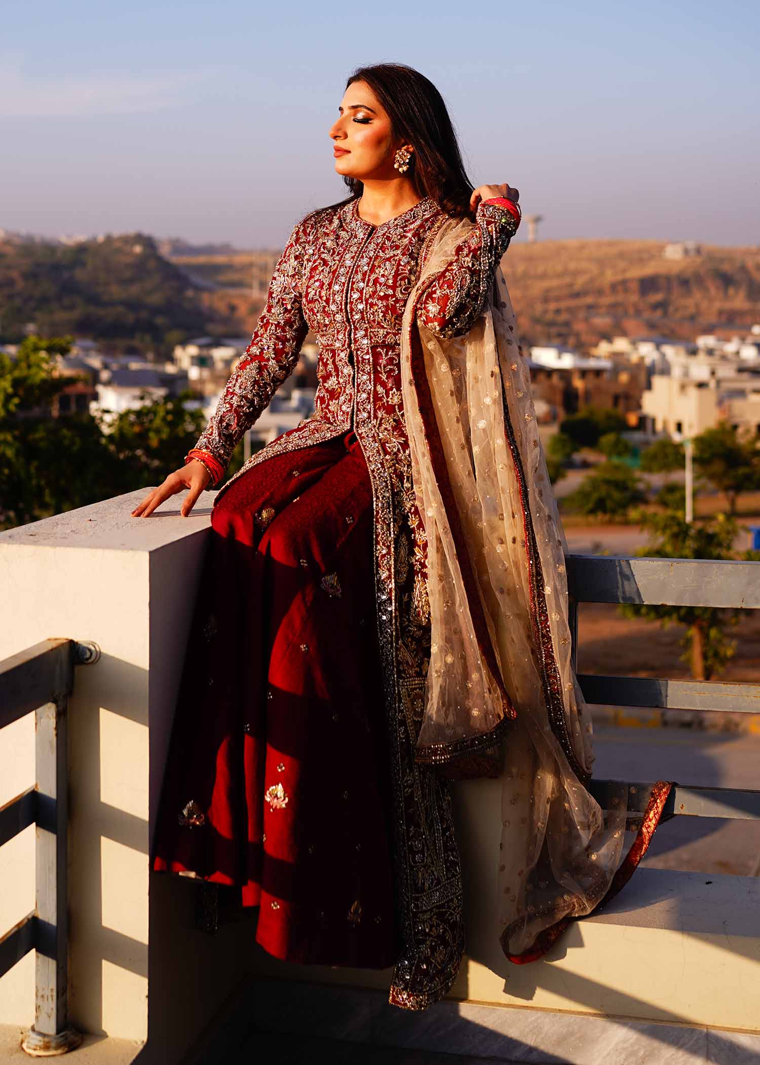 Pakistani Red Gold Embroidered Net Gown (3-Piece) - Image 12