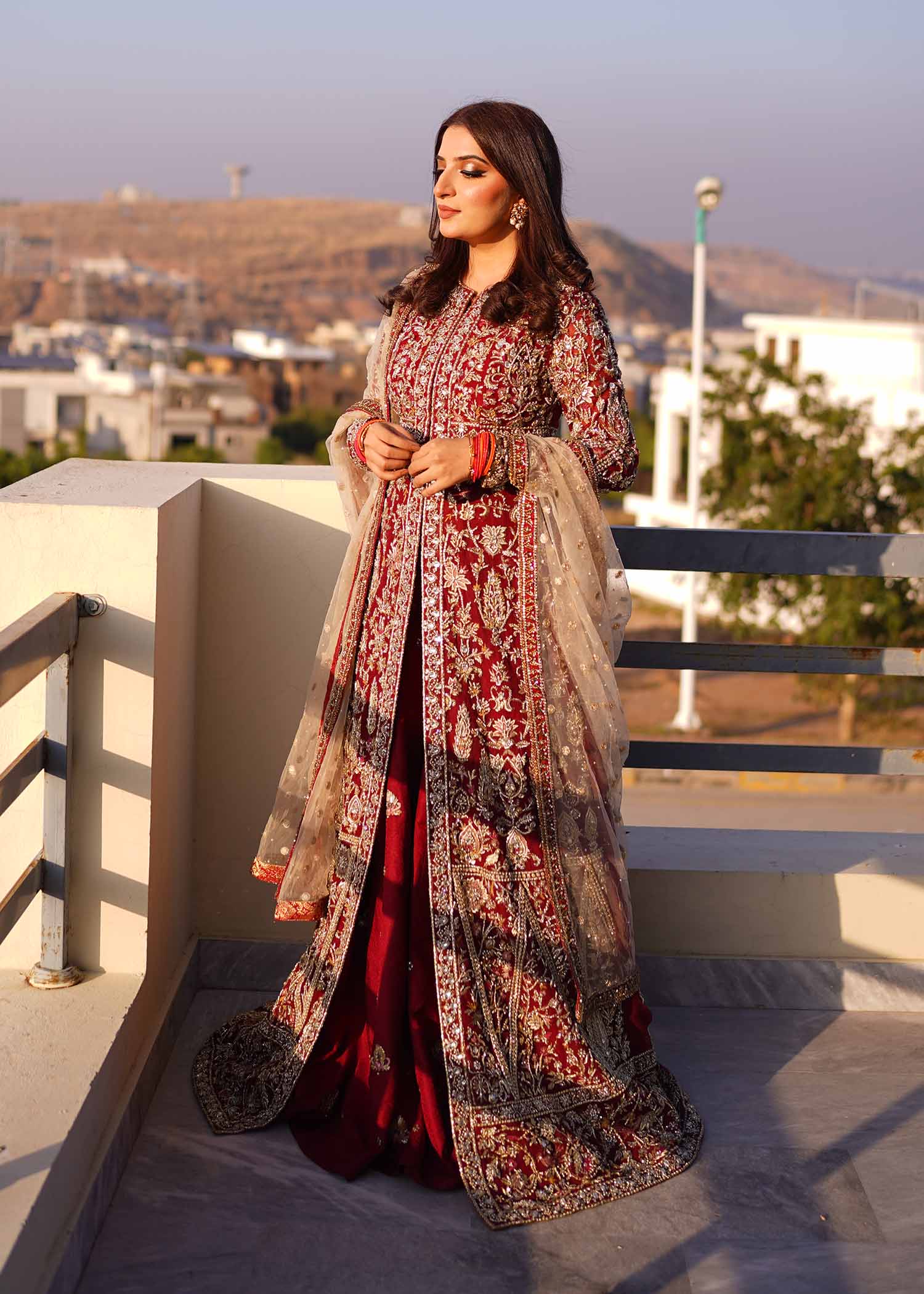 Pakistani Red Gold Embroidered Net Gown (3-Piece) - Image 13