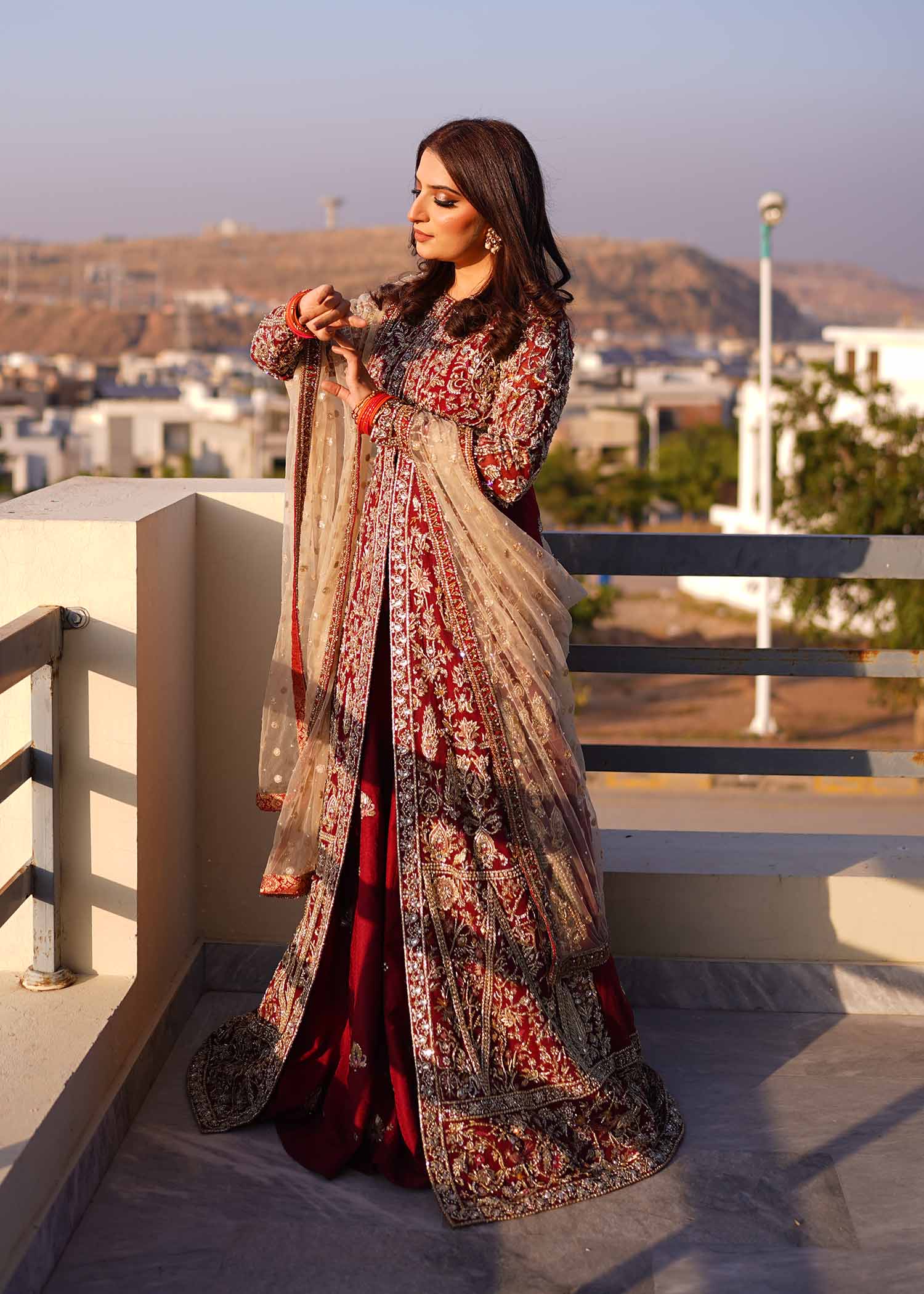 Pakistani Red Gold Embroidered Net Gown (3-Piece) - Image 14