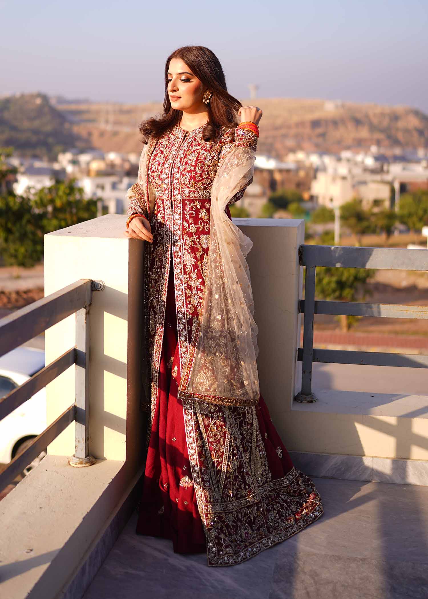 Pakistani Red Gold Embroidered Net Gown (3-Piece) - Image 15