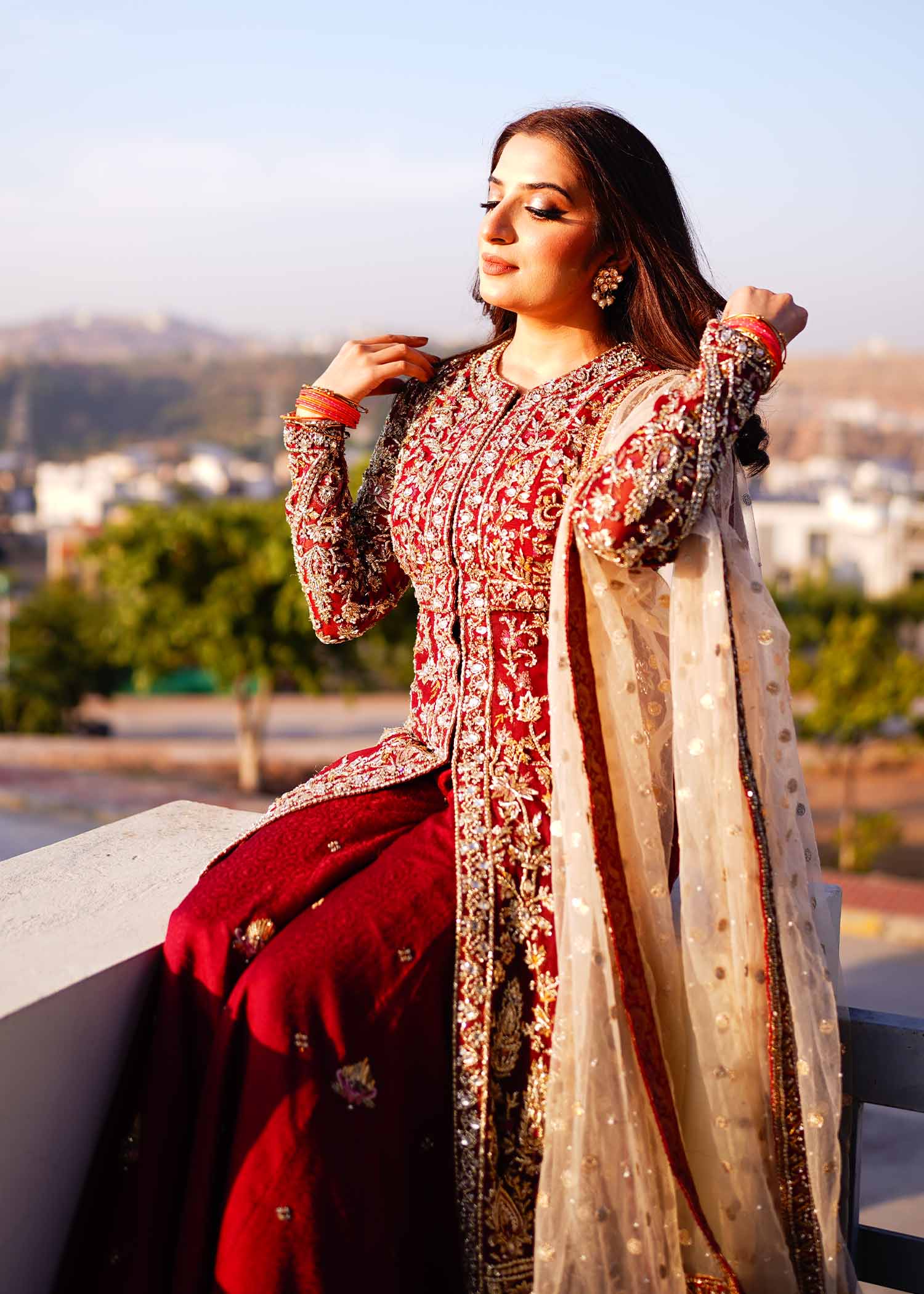 Pakistani Red Gold Embroidered Net Gown (3-Piece) - Image 16