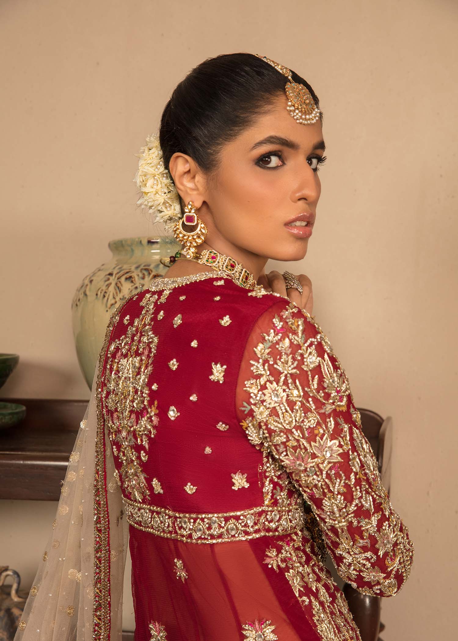 Pakistani Red Gold Embroidered Net Gown (3-Piece) - Image 2
