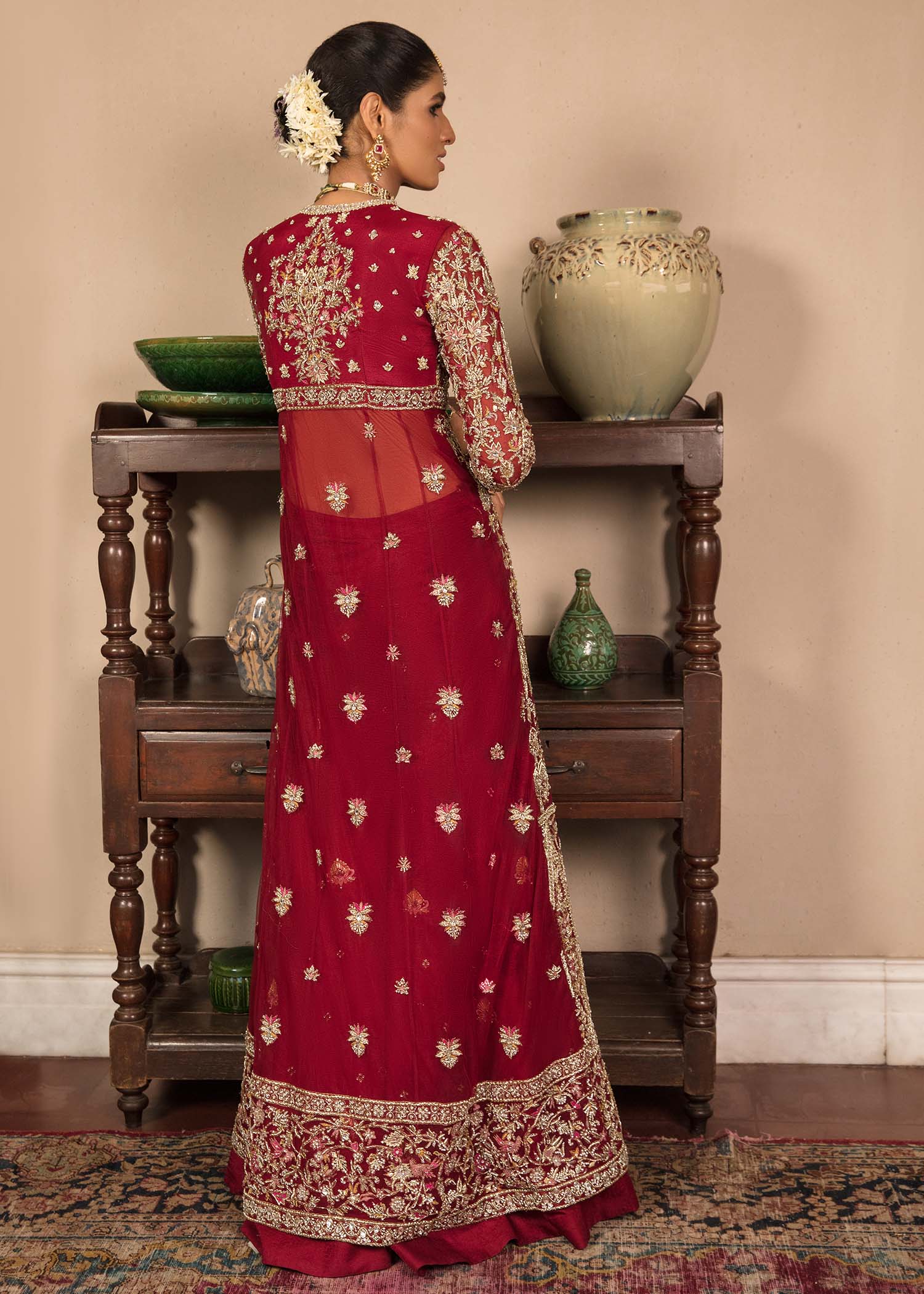 Pakistani Red Gold Embroidered Net Gown (3-Piece) - Image 3