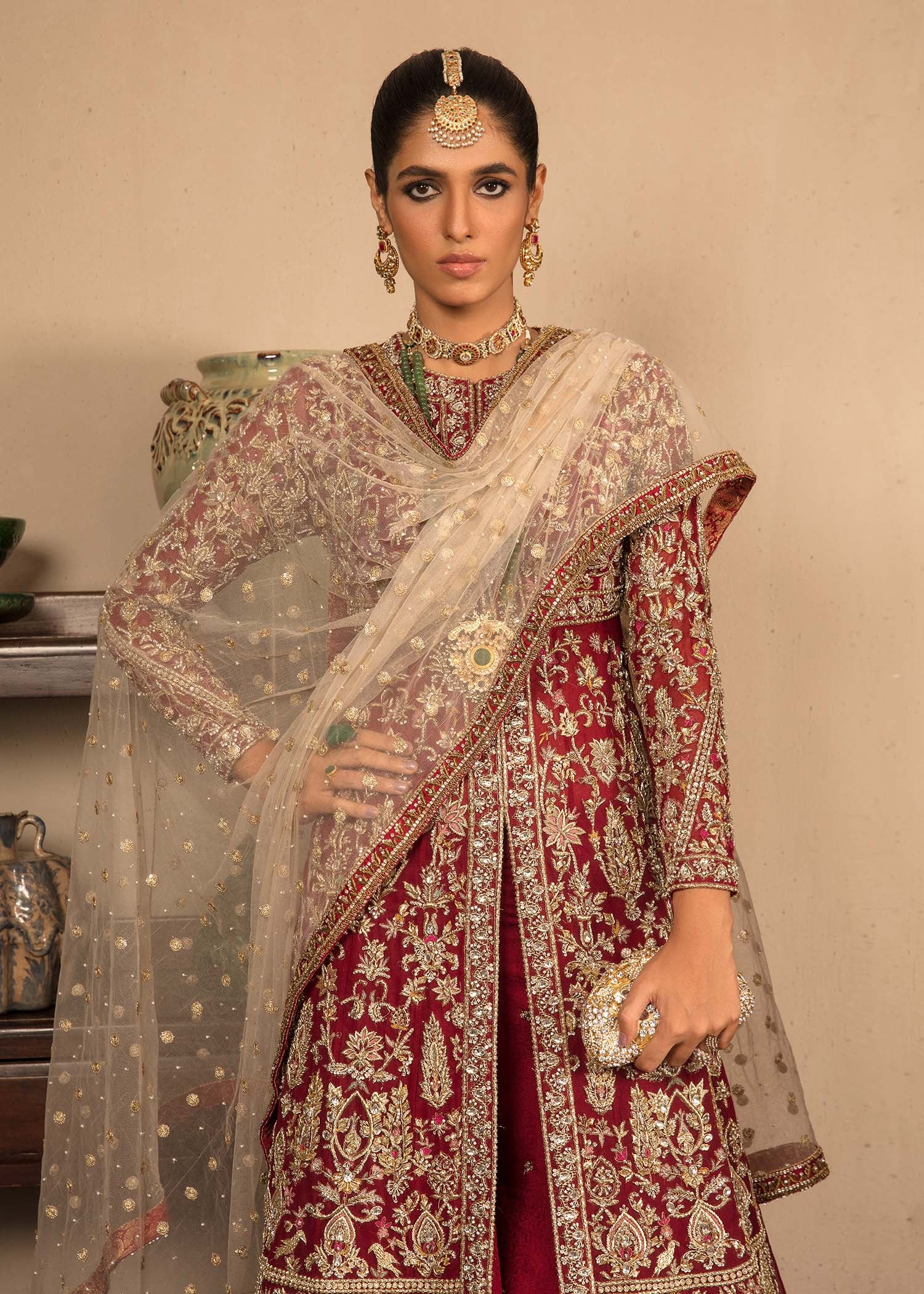 Pakistani Red Gold Embroidered Net Gown (3-Piece) - Image 5