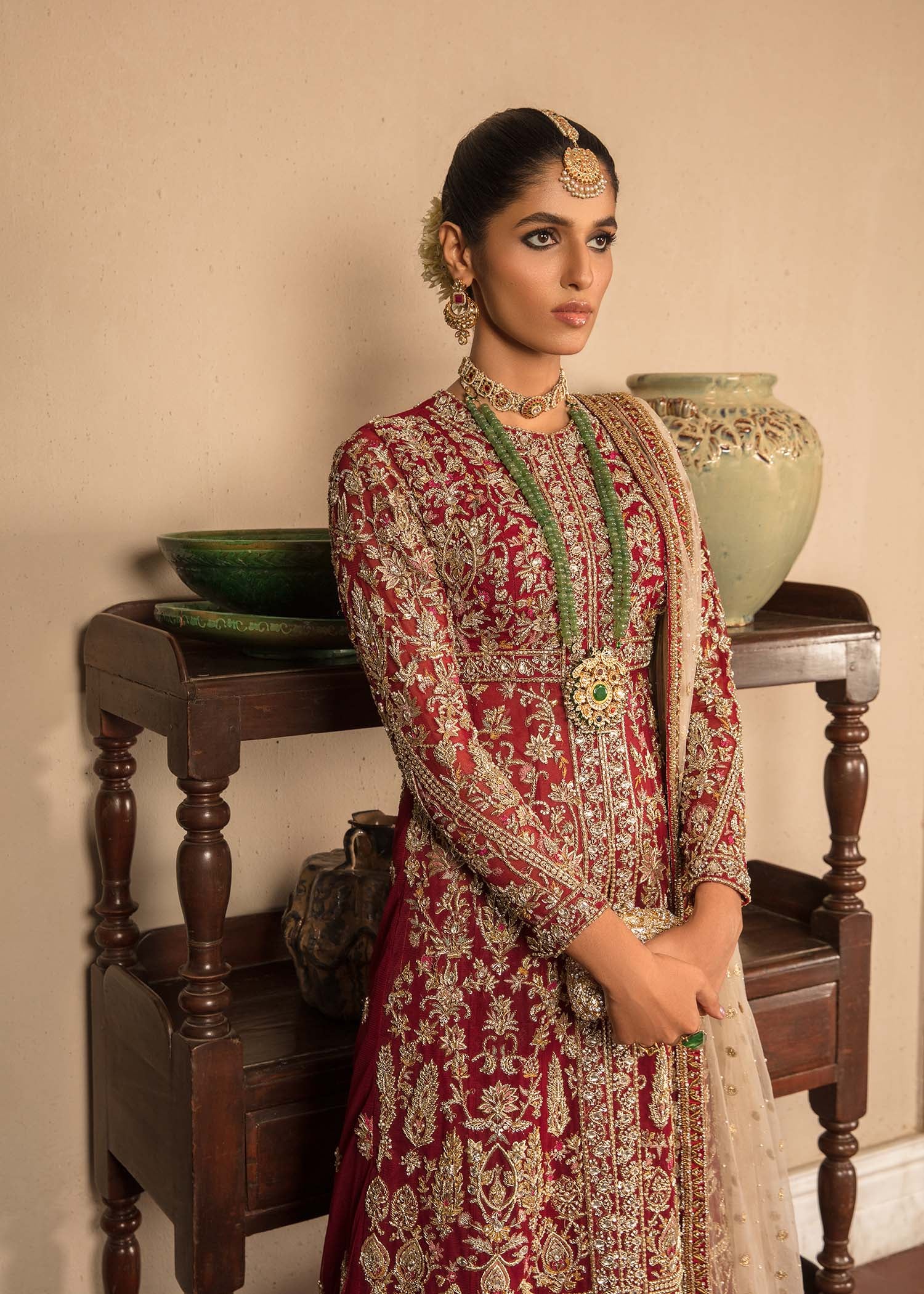 Pakistani Red Gold Embroidered Net Gown (3-Piece) - Image 6