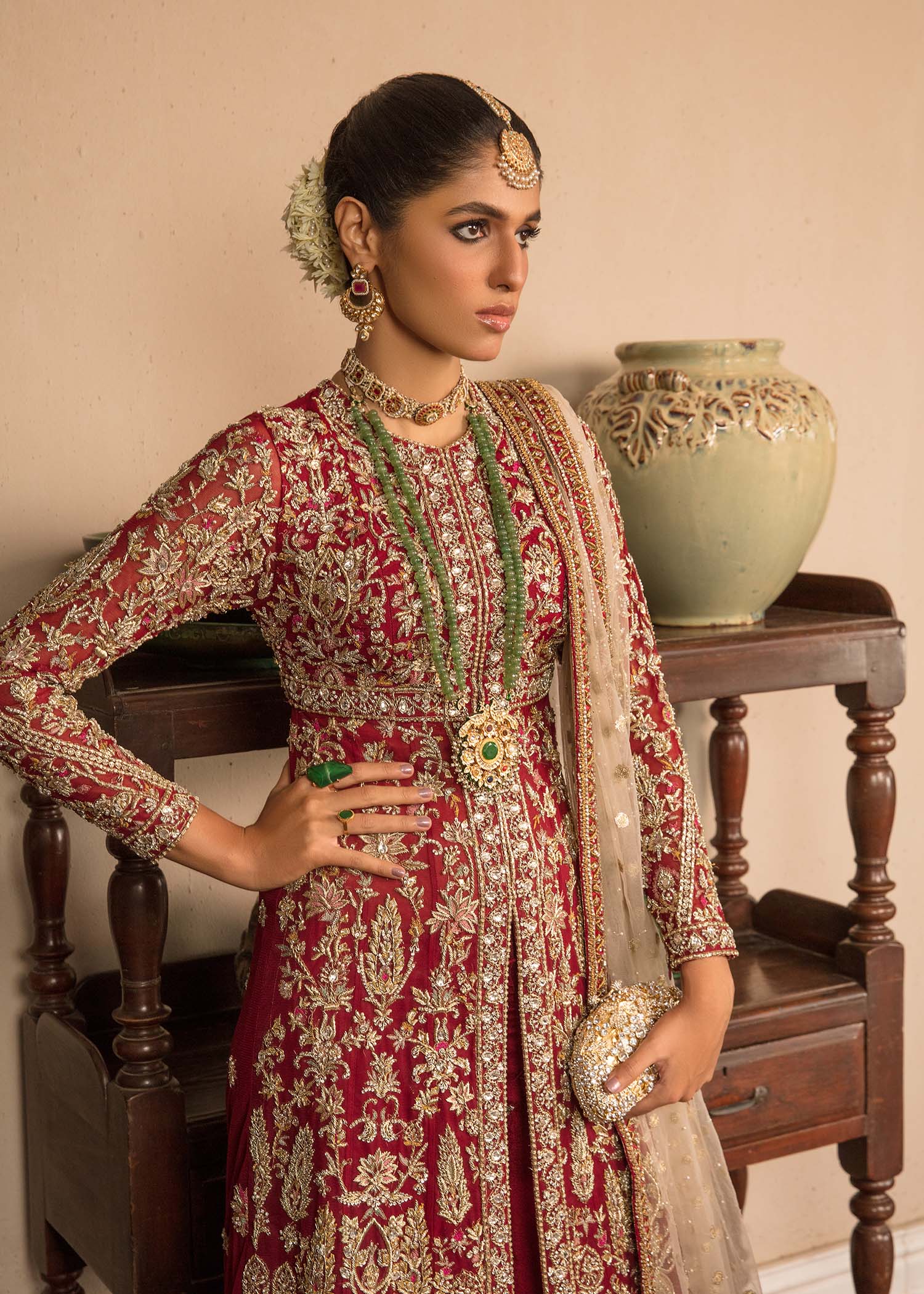 Pakistani Red Gold Embroidered Net Gown (3-Piece) - Image 7