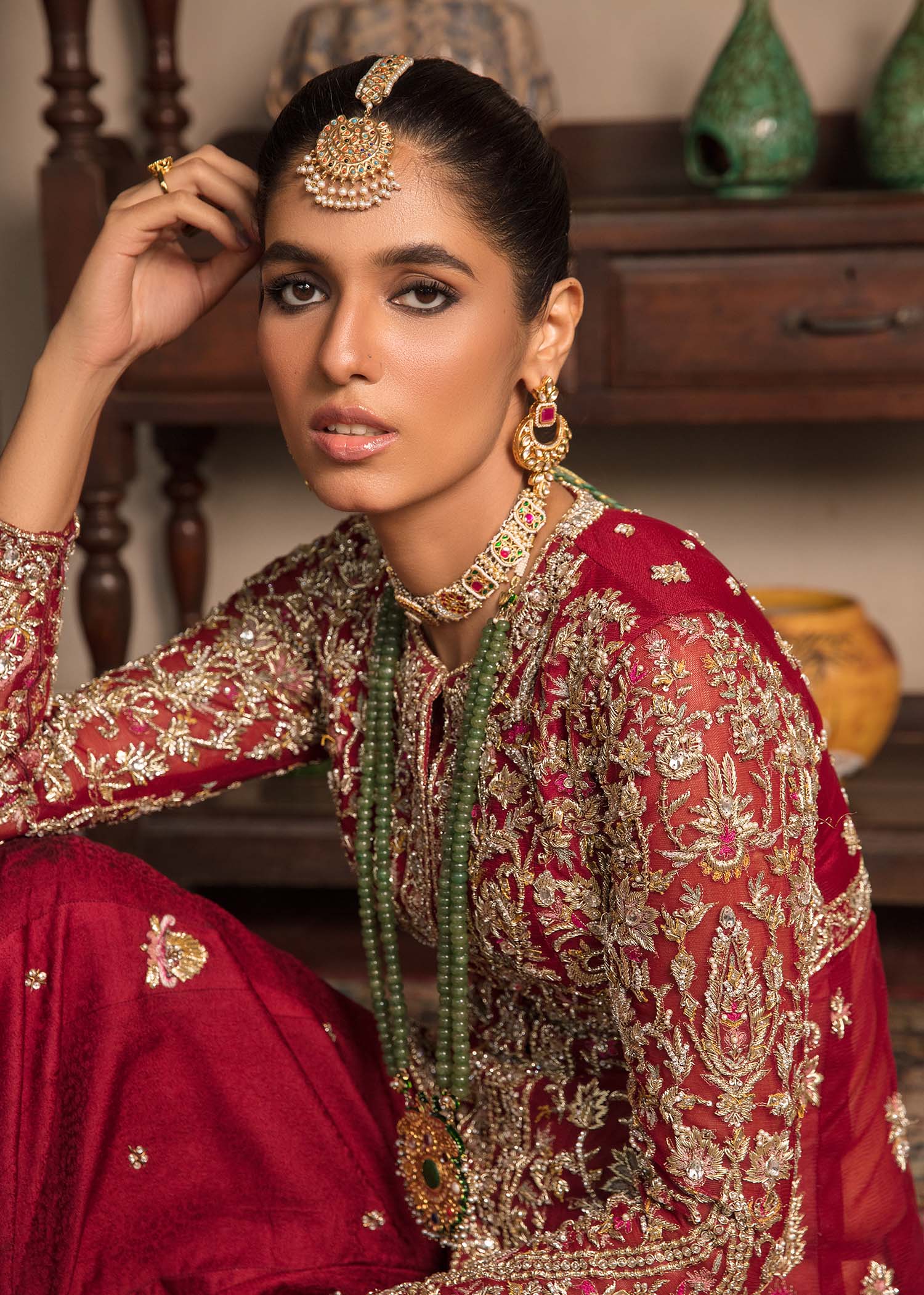 Pakistani Red Gold Embroidered Net Gown (3-Piece) - Image 8