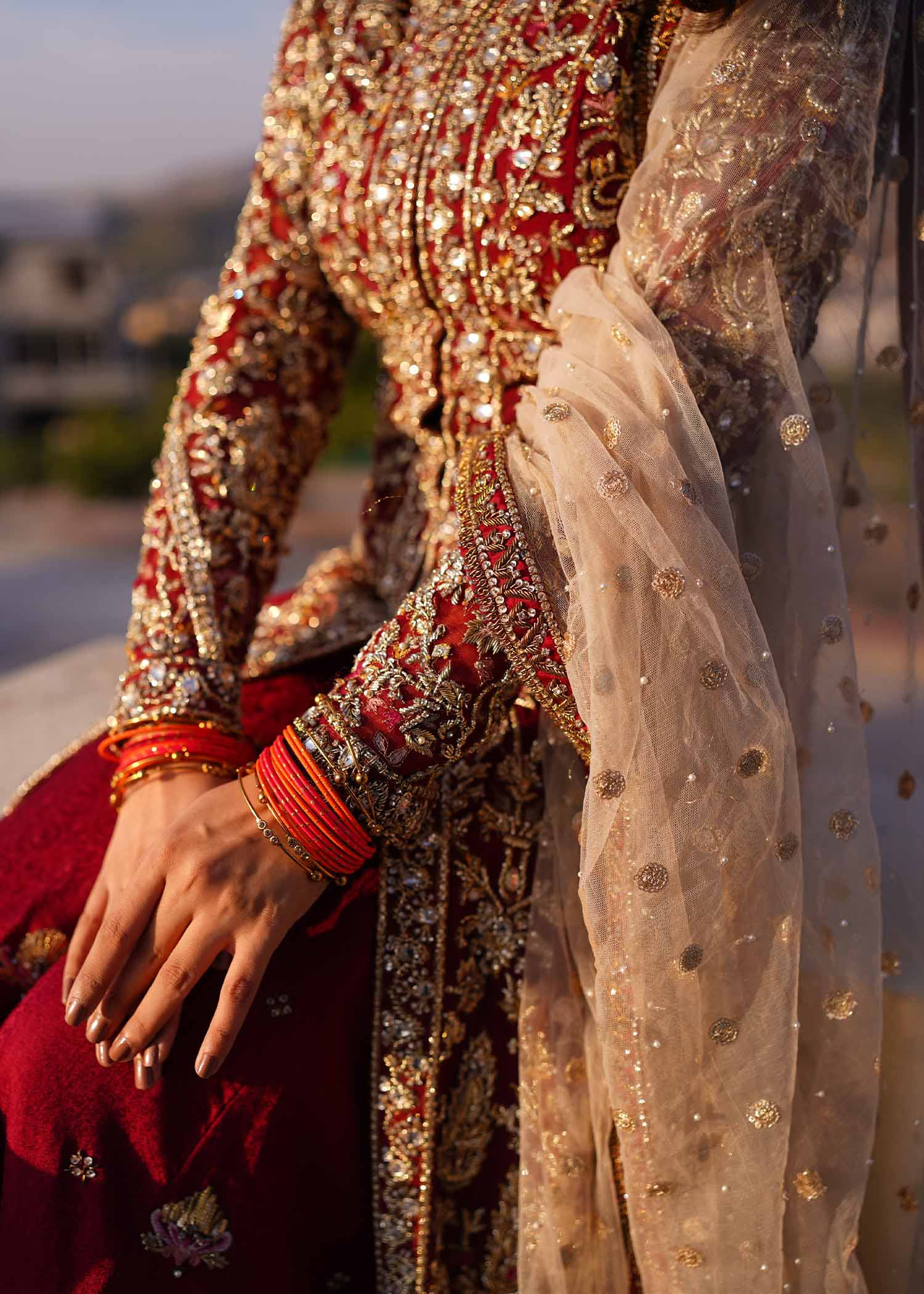 Pakistani Red Gold Embroidered Net Gown (3-Piece) - Image 9