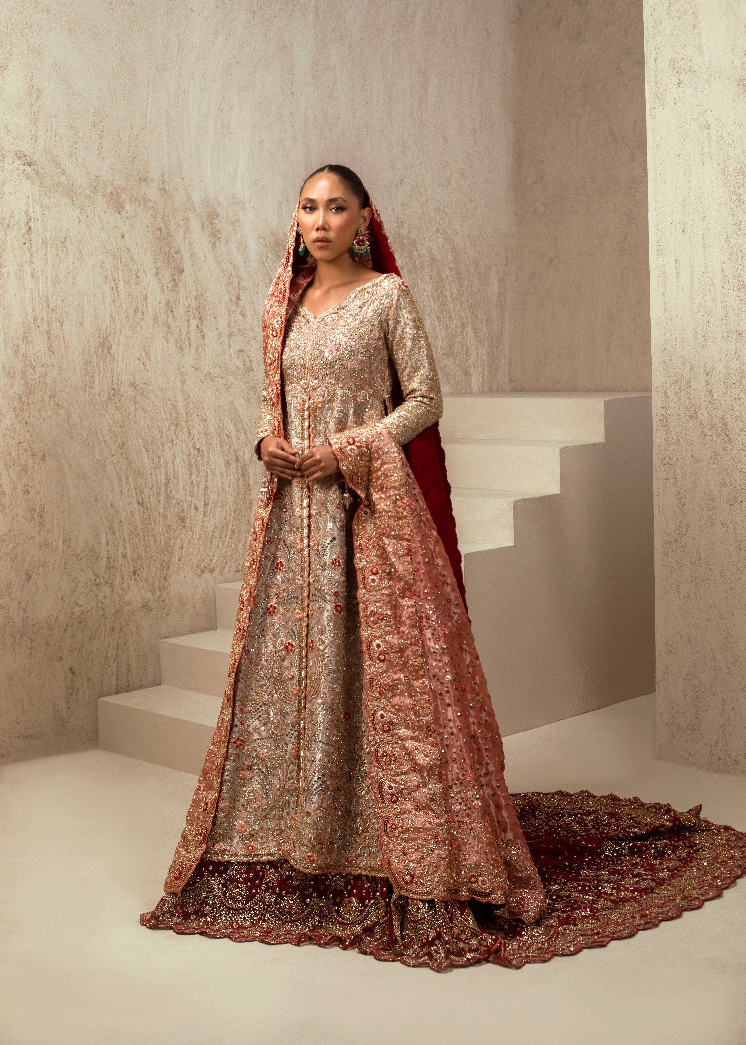 Rouge Red Embellished Net Bridal Gown (3-Piece) - Image 1