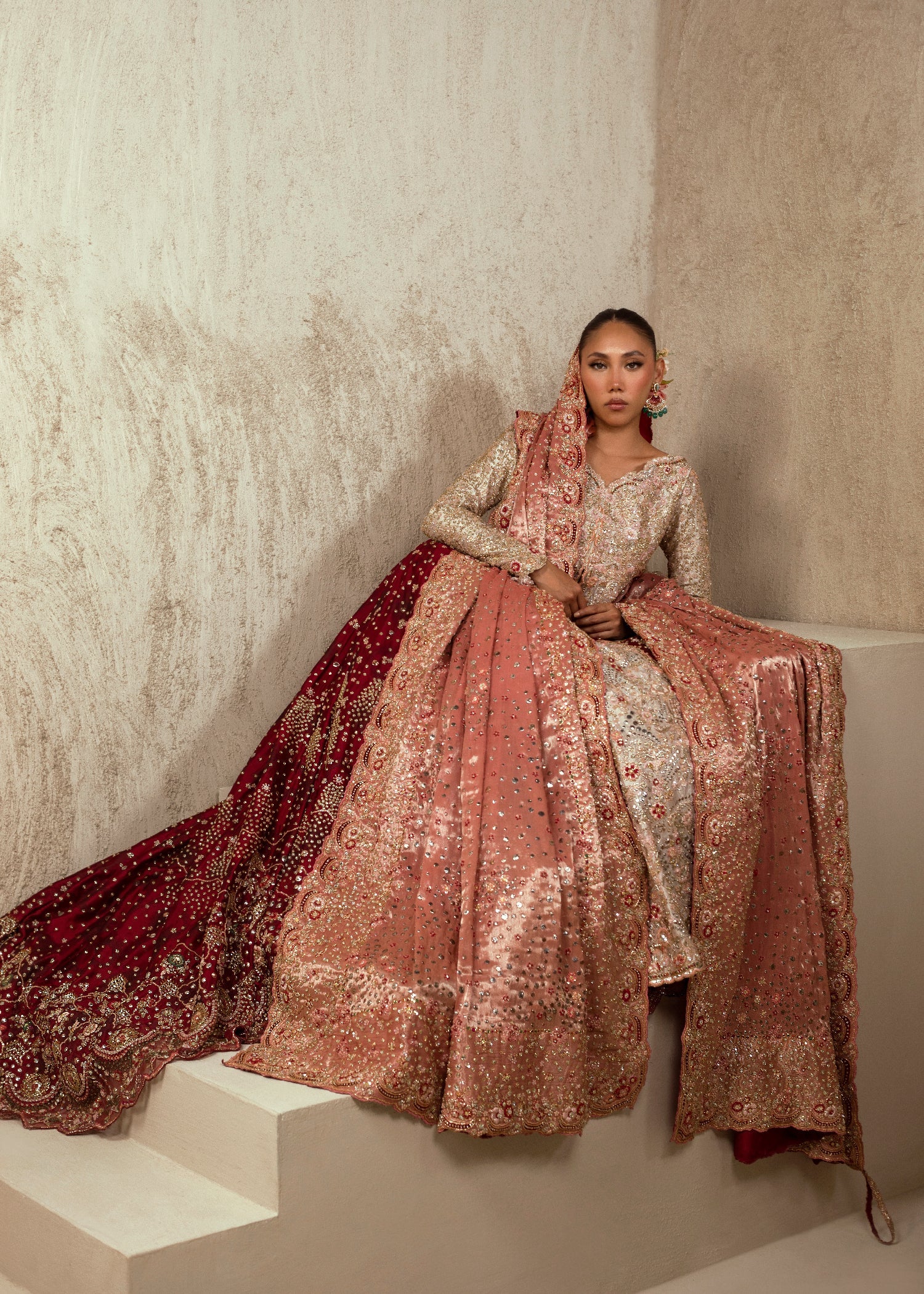 Rouge Red Embellished Net Bridal Gown (3-Piece) - Image 2