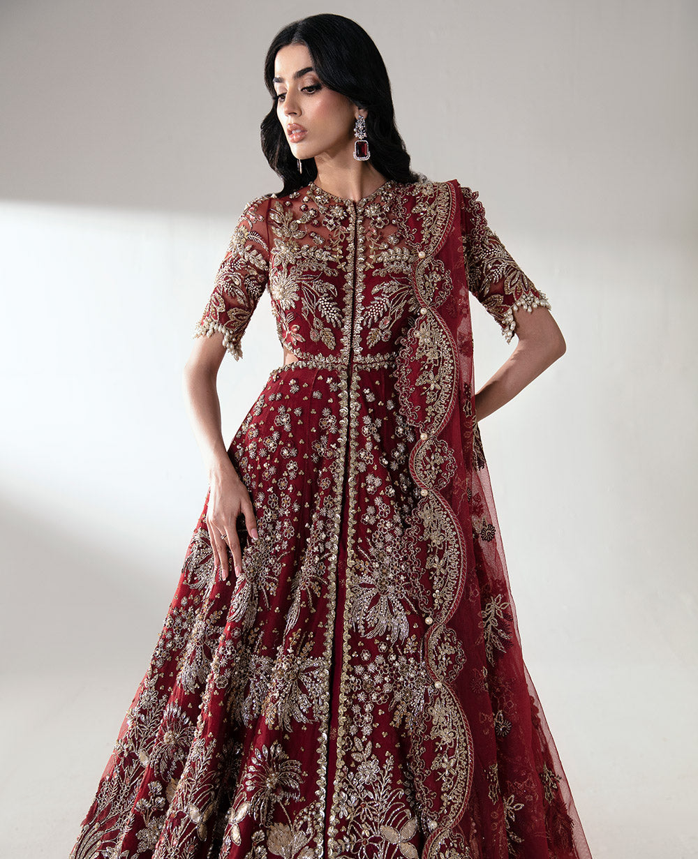 Carmine Red Embroidered Net Bridal Gown (2-Piece) - Image 3