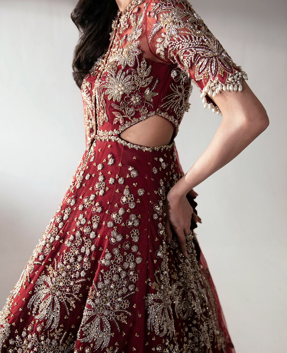 Carmine Red Embroidered Net Bridal Gown (2-Piece) - Image 4