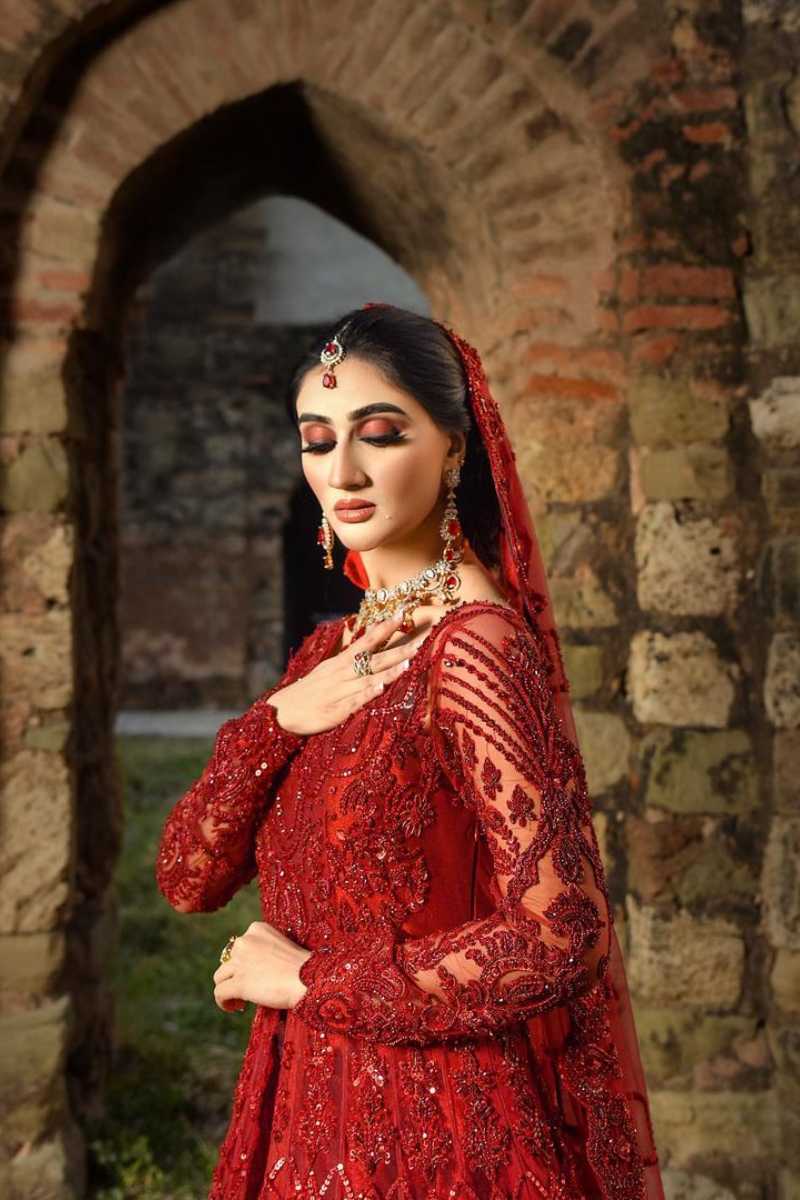 Pakistani Deep Red Embroidered Net Bridal Gown (2-Piece) - Image 1