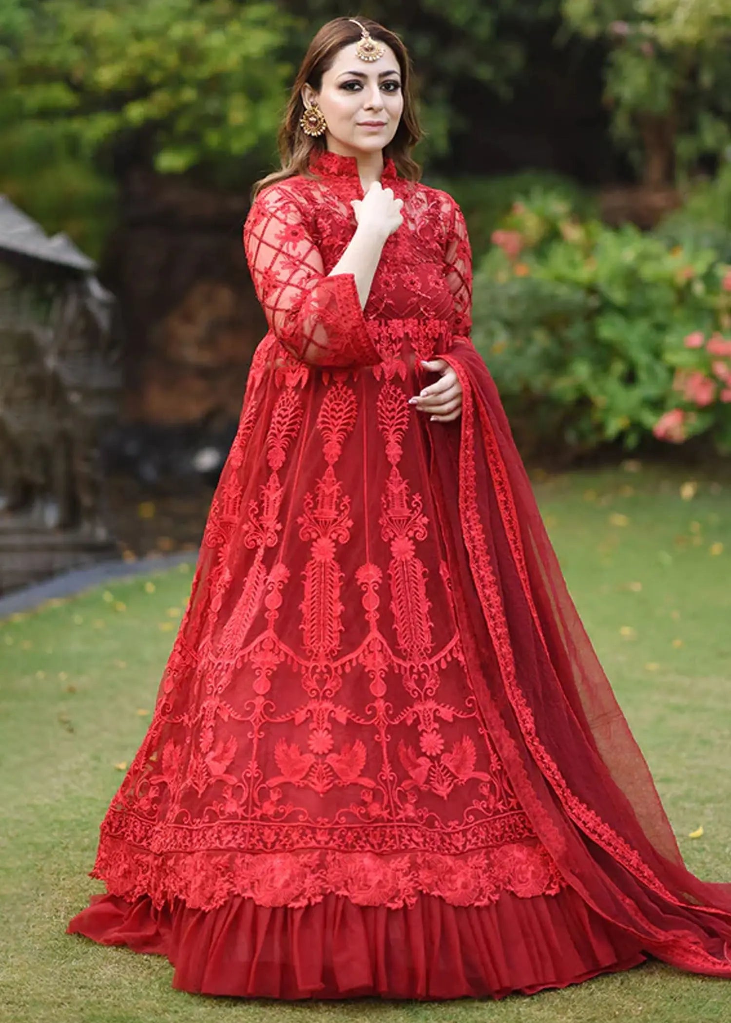 Red Embroidered Net Bridal Gown (3-Piece) - Image 1