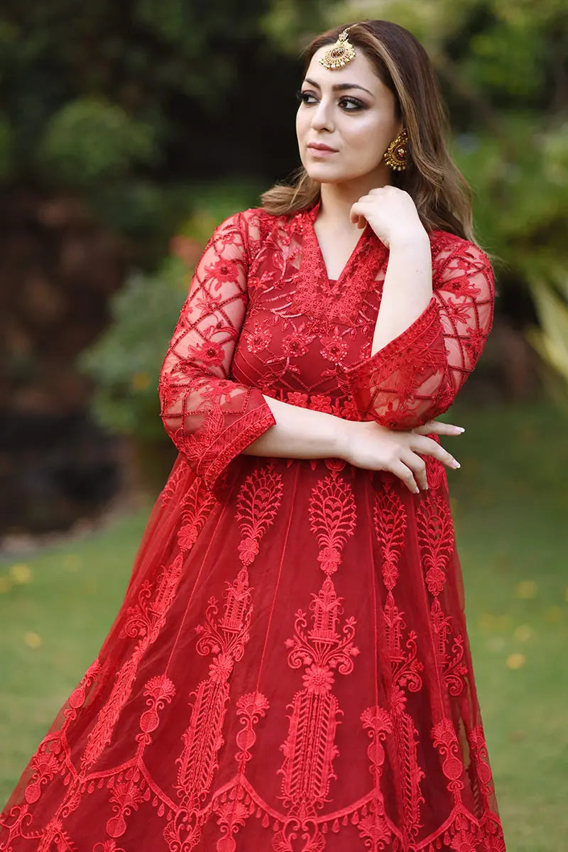 Red Embroidered Net Bridal Gown (3-Piece) - Image 2