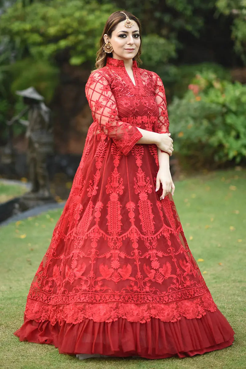 Red Embroidered Net Bridal Gown (3-Piece) - Image 3