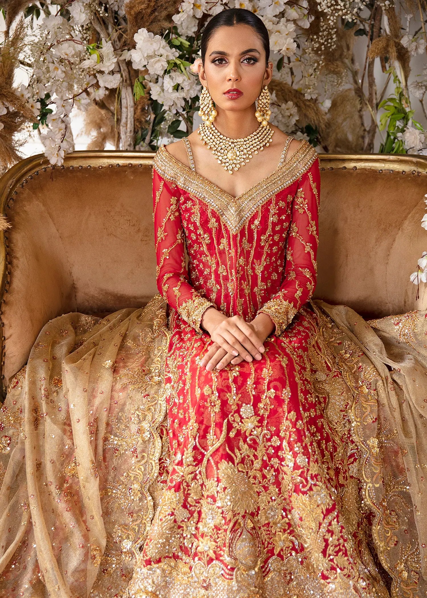 Crimson Red Gold Embroidered Net Silk Bridal Gown (2-Piece) - Image 1