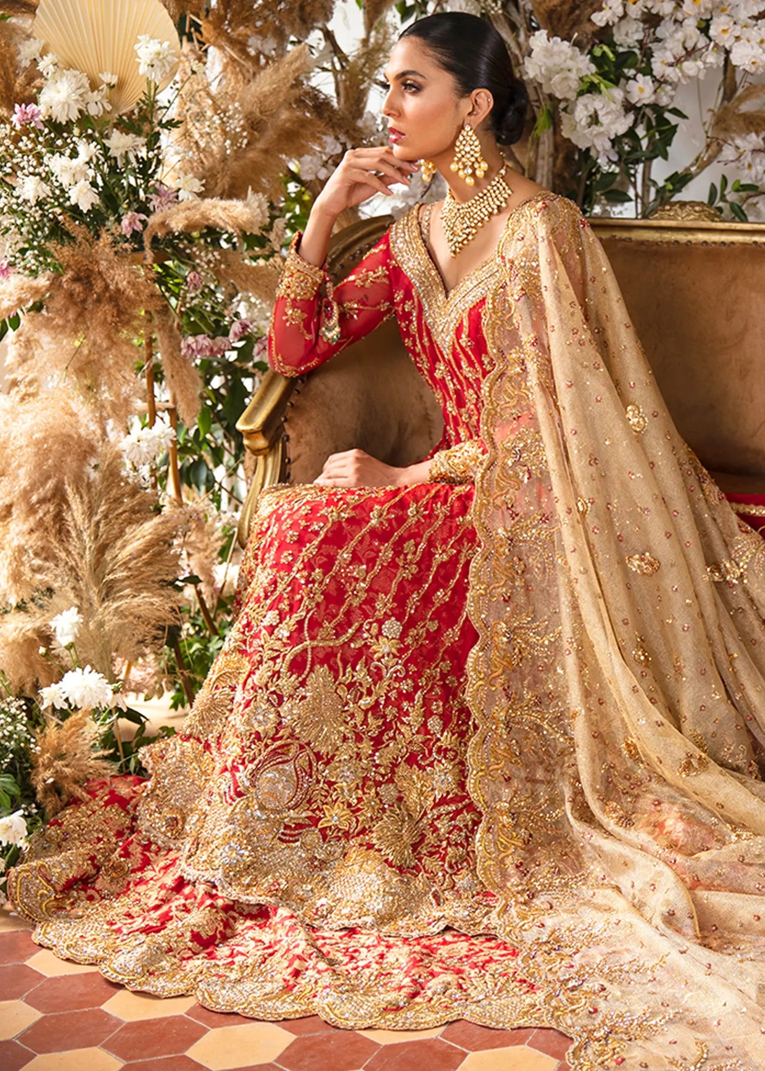 Pakistani Crimson Red Embroidered Net Bridal Gown (2-Piece) - Image 2