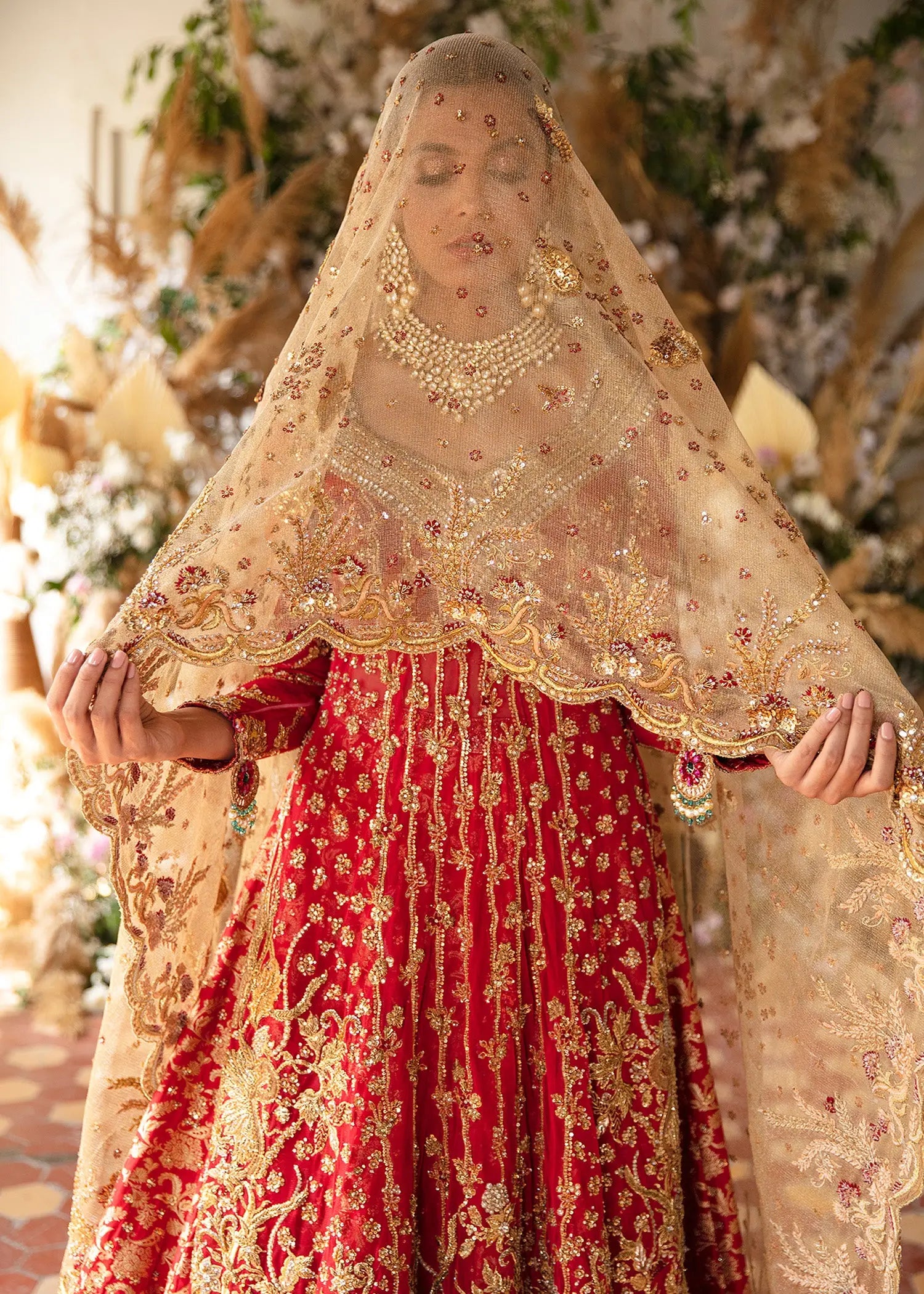 Pakistani Crimson Red Embroidered Net Bridal Gown (2-Piece) - Image 3