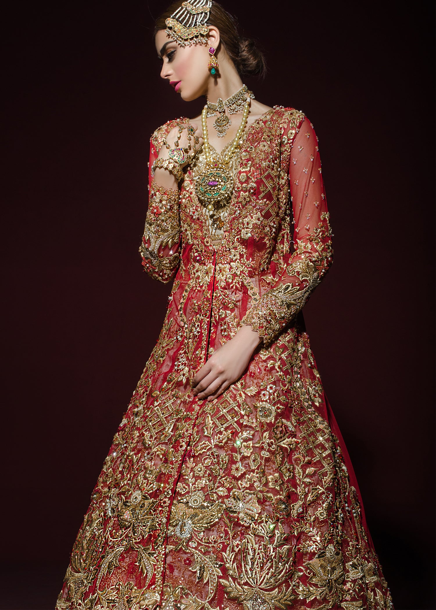Deep Red Gold Embroidered Net Bridal Gown (2-Piece) - Image 2