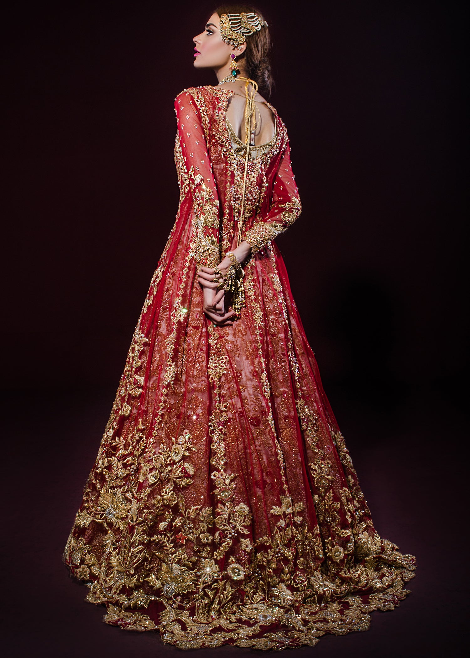 Deep Red Gold Embroidered Net Bridal Gown (2-Piece) - Image 3