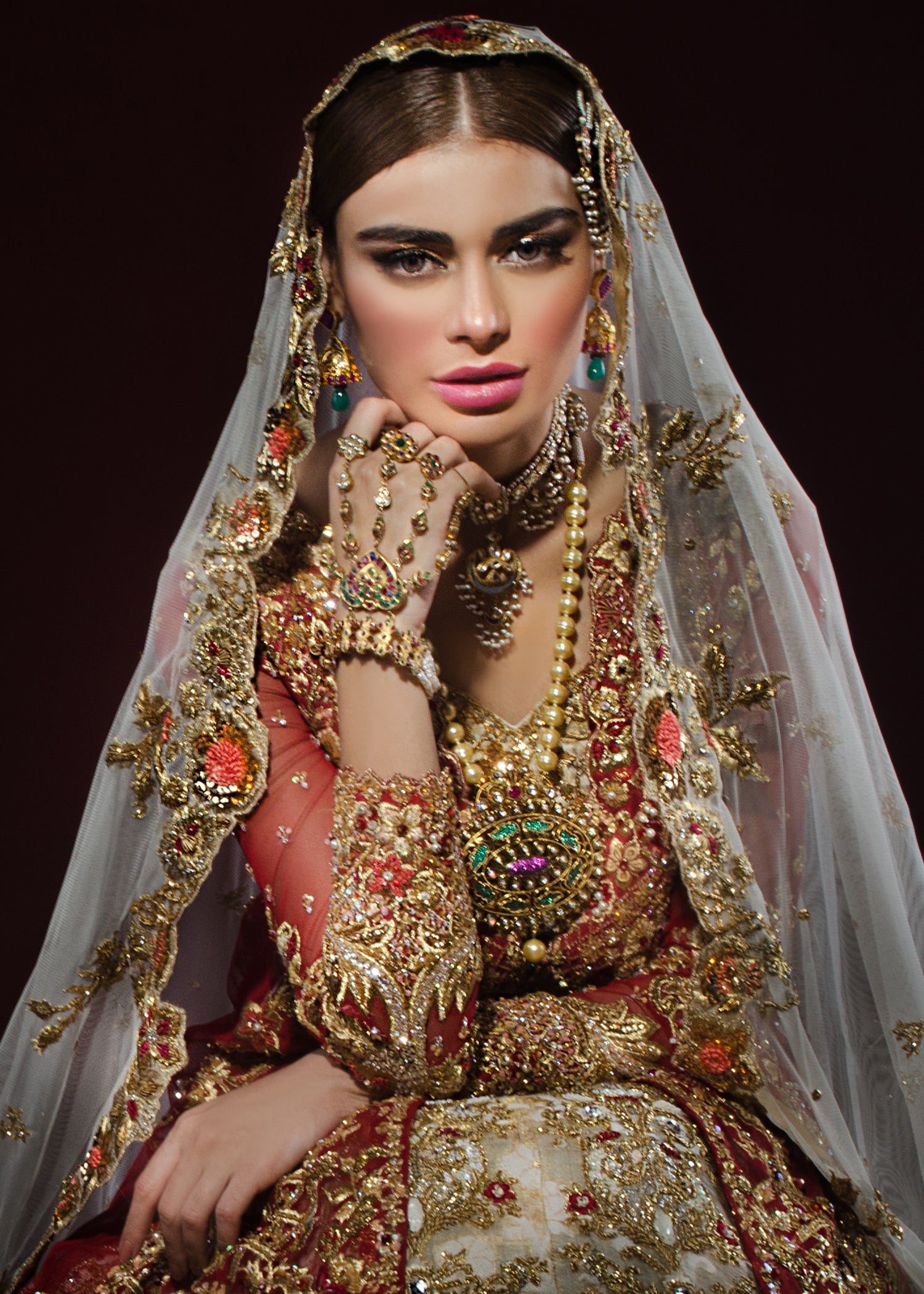 Deep Red Gold Embroidered Net Bridal Gown (2-Piece) - Image 4