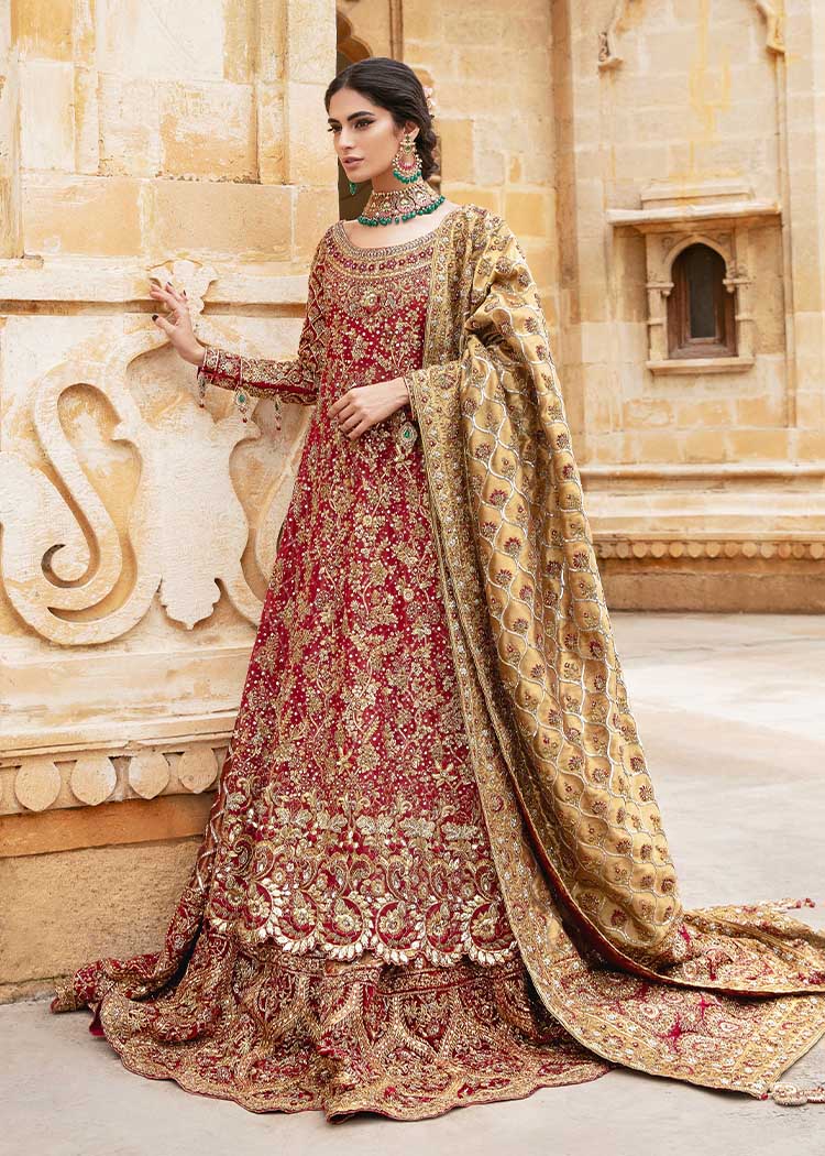 Deep Red Embroidered Net Silk Bridal Gown (2-Piece) - Image 1