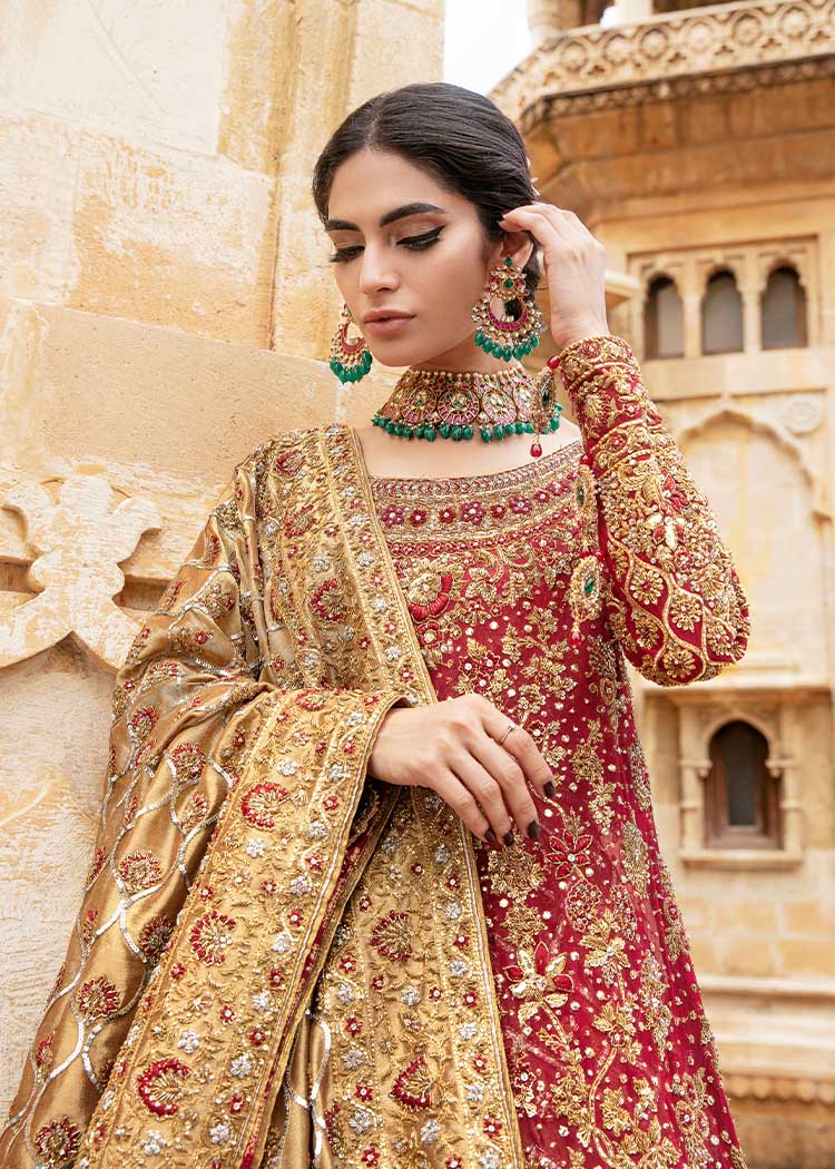 Deep Red Embroidered Net Silk Bridal Gown (2-Piece) - Image 2