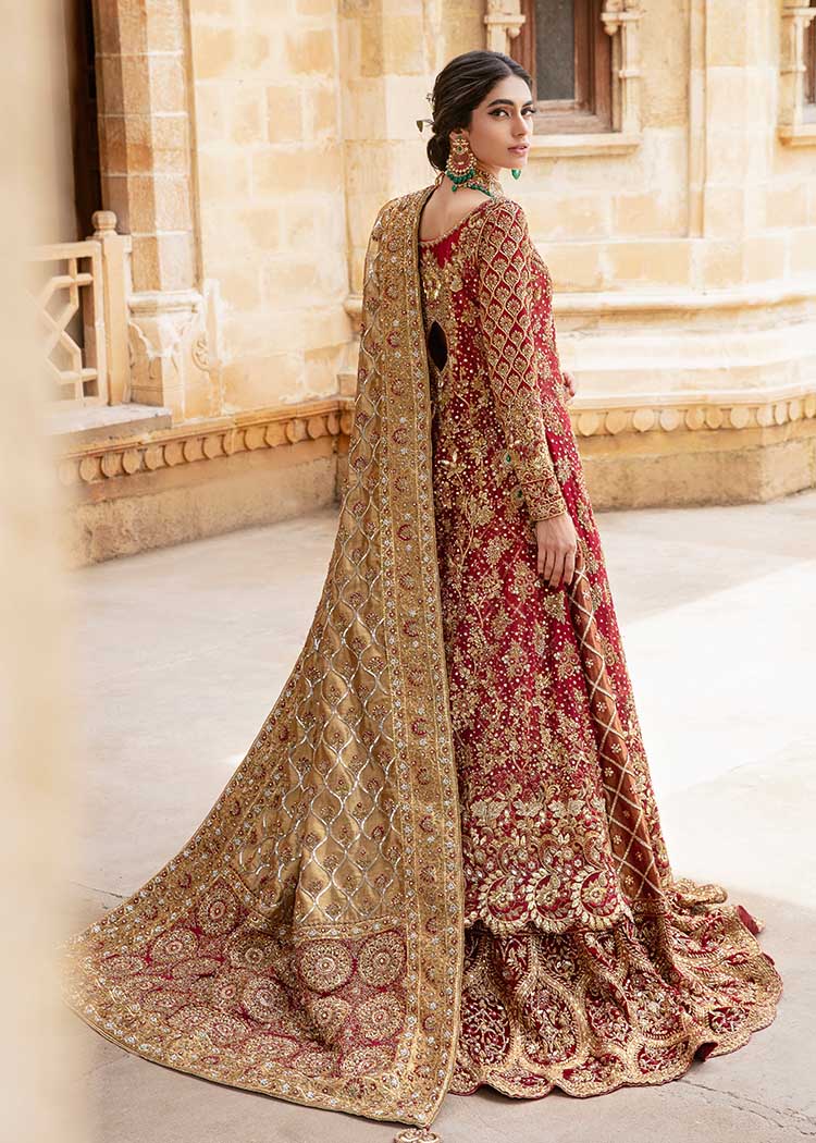 Deep Red Embroidered Net Silk Bridal Gown (2-Piece) - Image 3