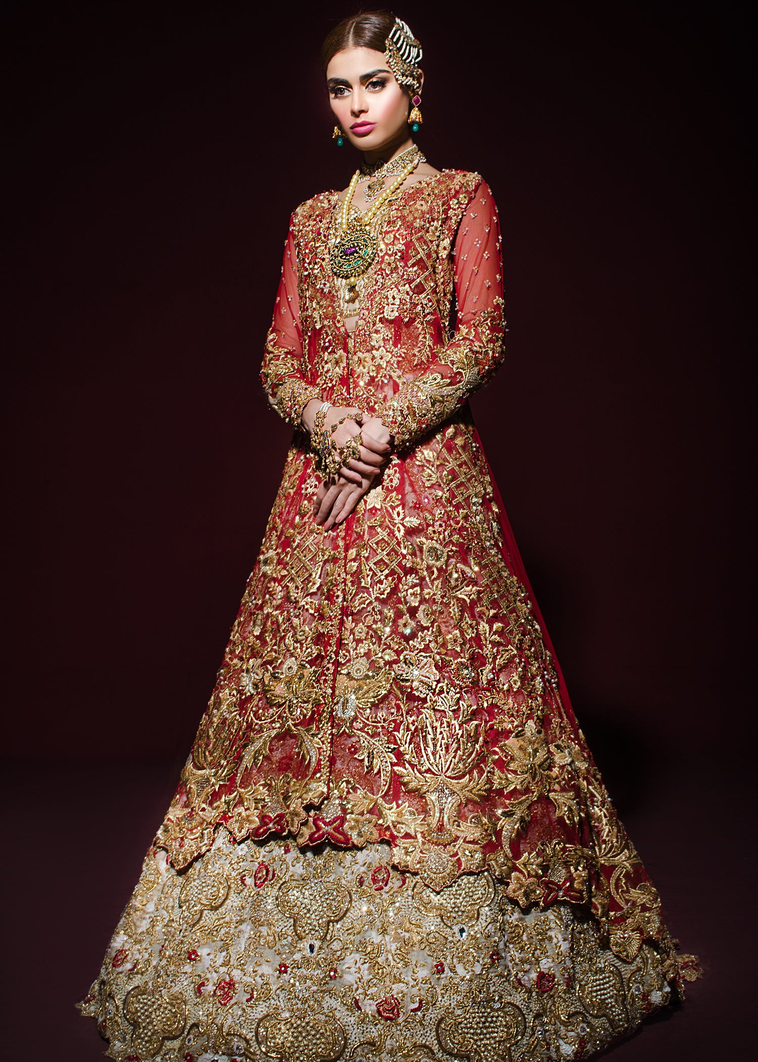 Deep Red Gold Embellished Net Silk Bridal Gown (2-Piece) - Image 1