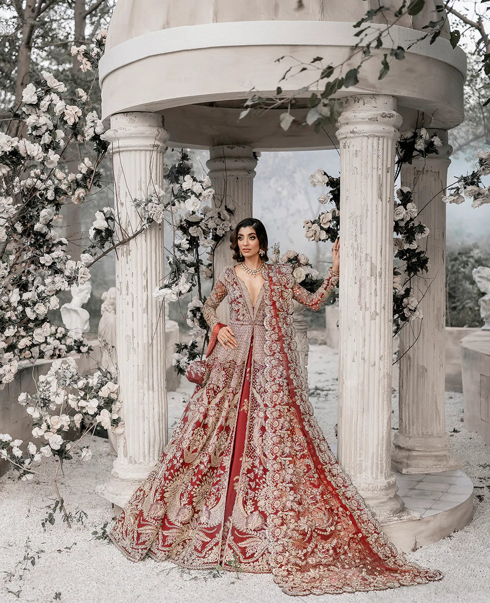 Deep Red Embellished Net Bridal Gown (2-Piece) - Image 1