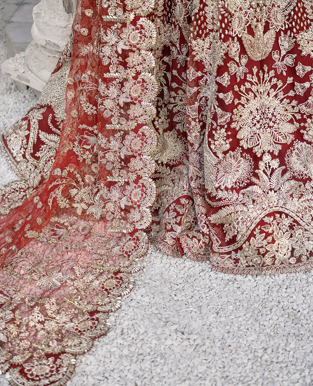 Deep Red Embellished Net Bridal Gown (2-Piece) - Image 10