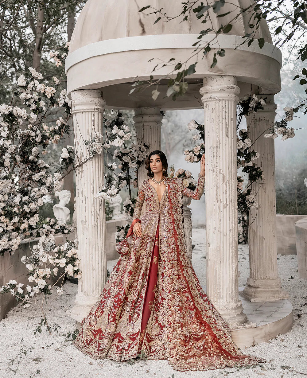 Deep Red Embellished Net Bridal Gown (2-Piece) - Image 3