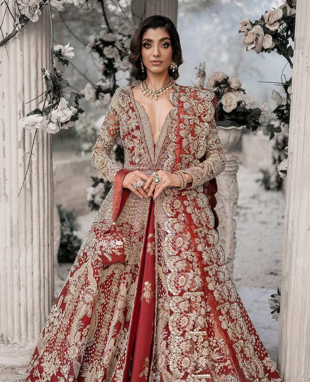 Deep Red Embellished Net Bridal Gown (2-Piece) - Image 4