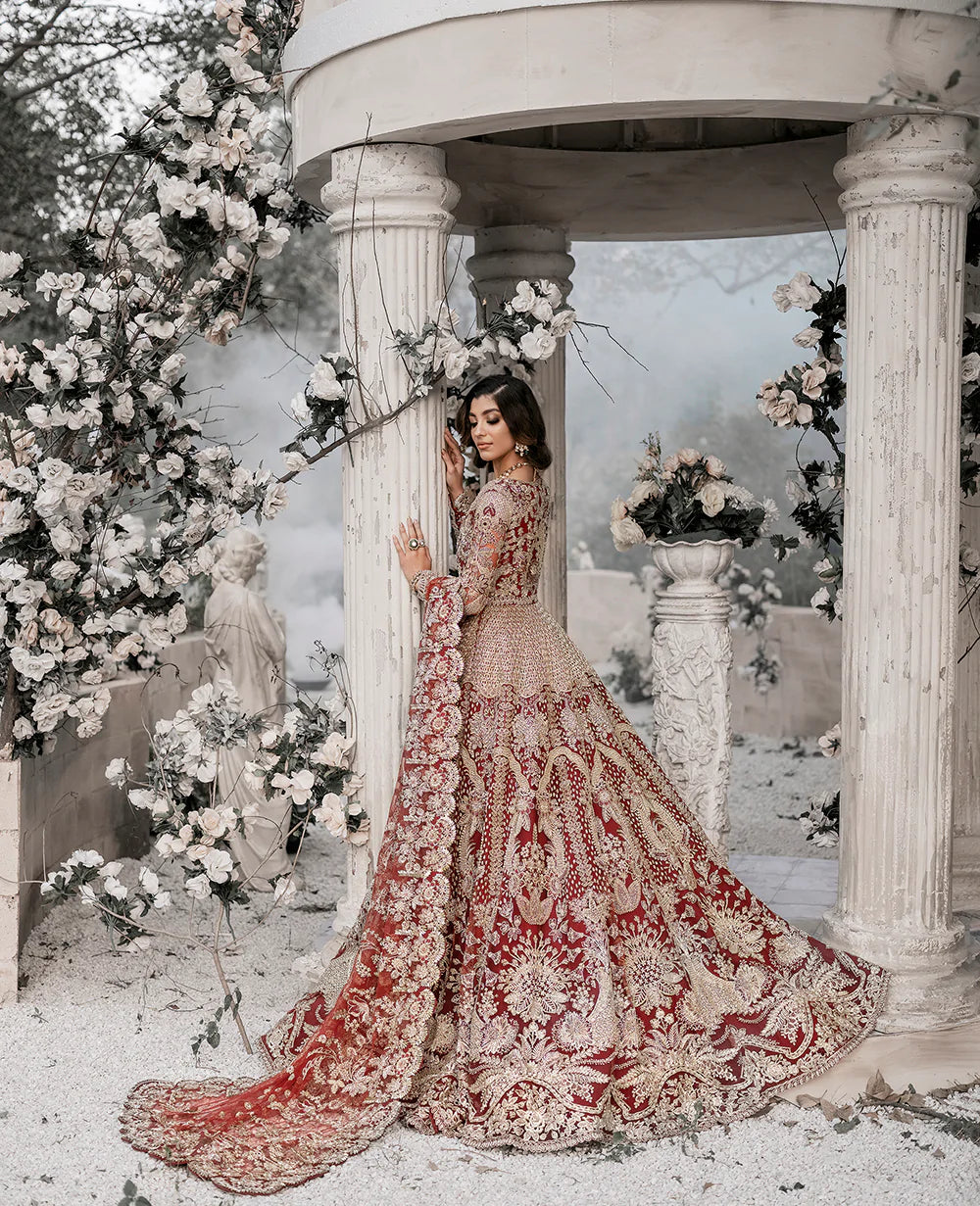 Deep Red Embellished Net Bridal Gown (2-Piece) - Image 5