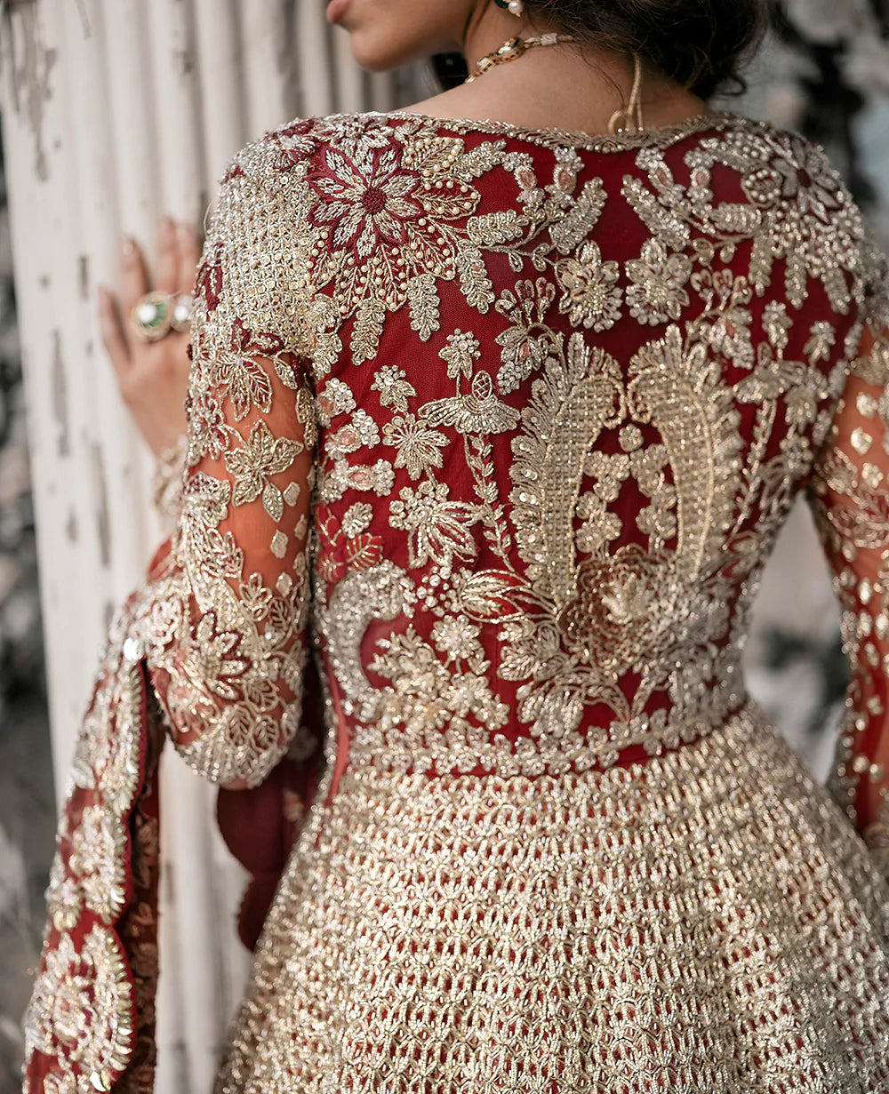 Deep Red Embellished Net Bridal Gown (2-Piece) - Image 6