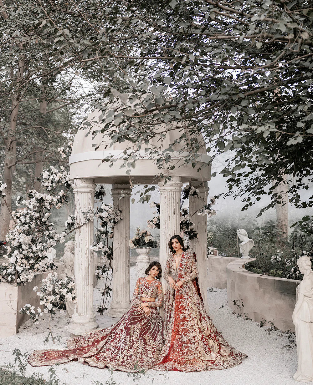 Deep Red Embellished Net Bridal Gown (2-Piece) - Image 8