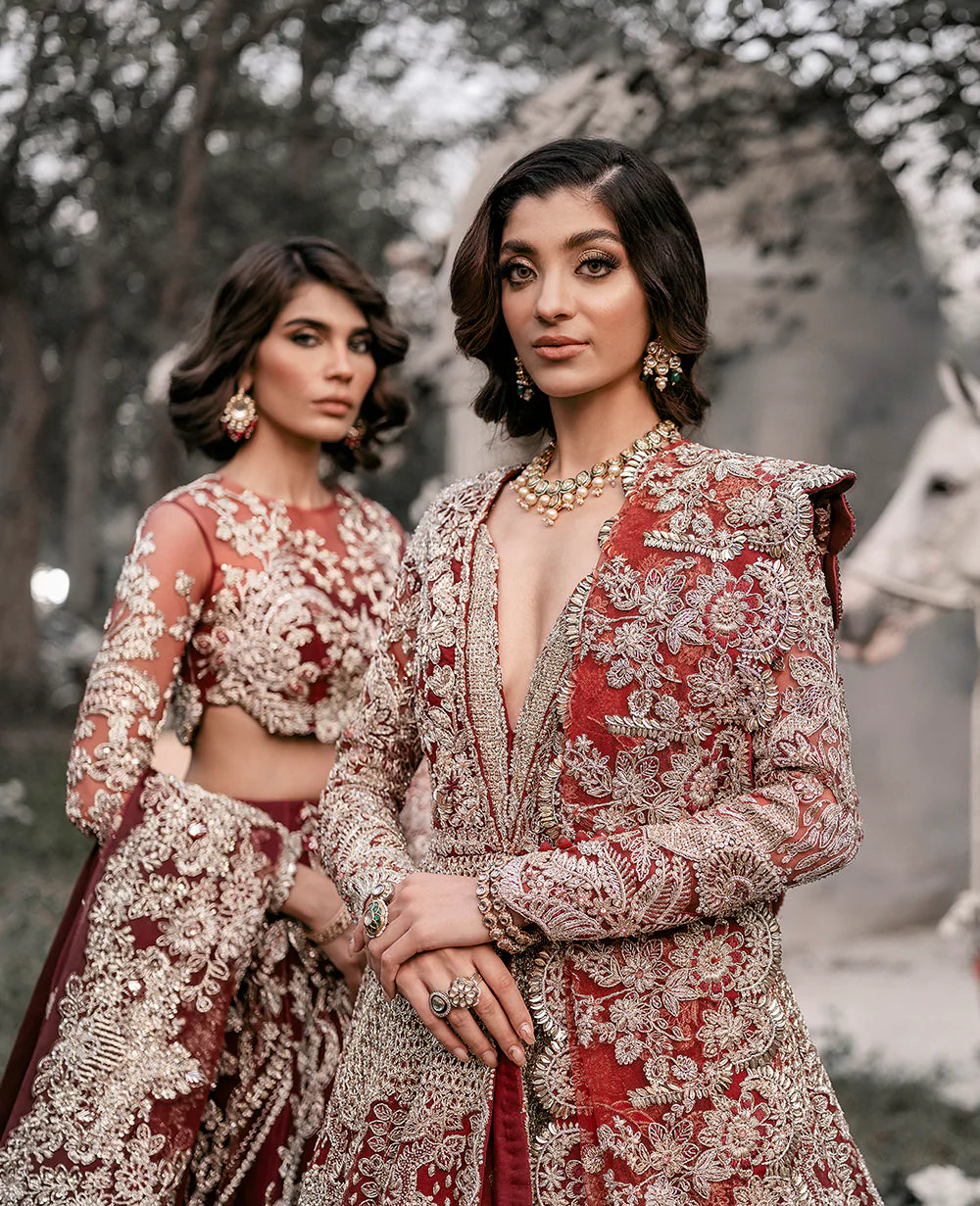 Deep Red Embellished Net Bridal Gown (2-Piece) - Image 9