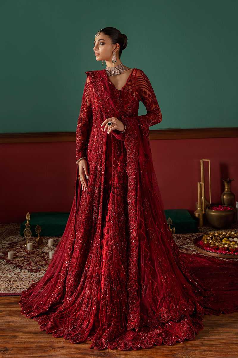 Pakistani Deep Red Embroidered Net Bridal Gown (3-Piece) - Image 1