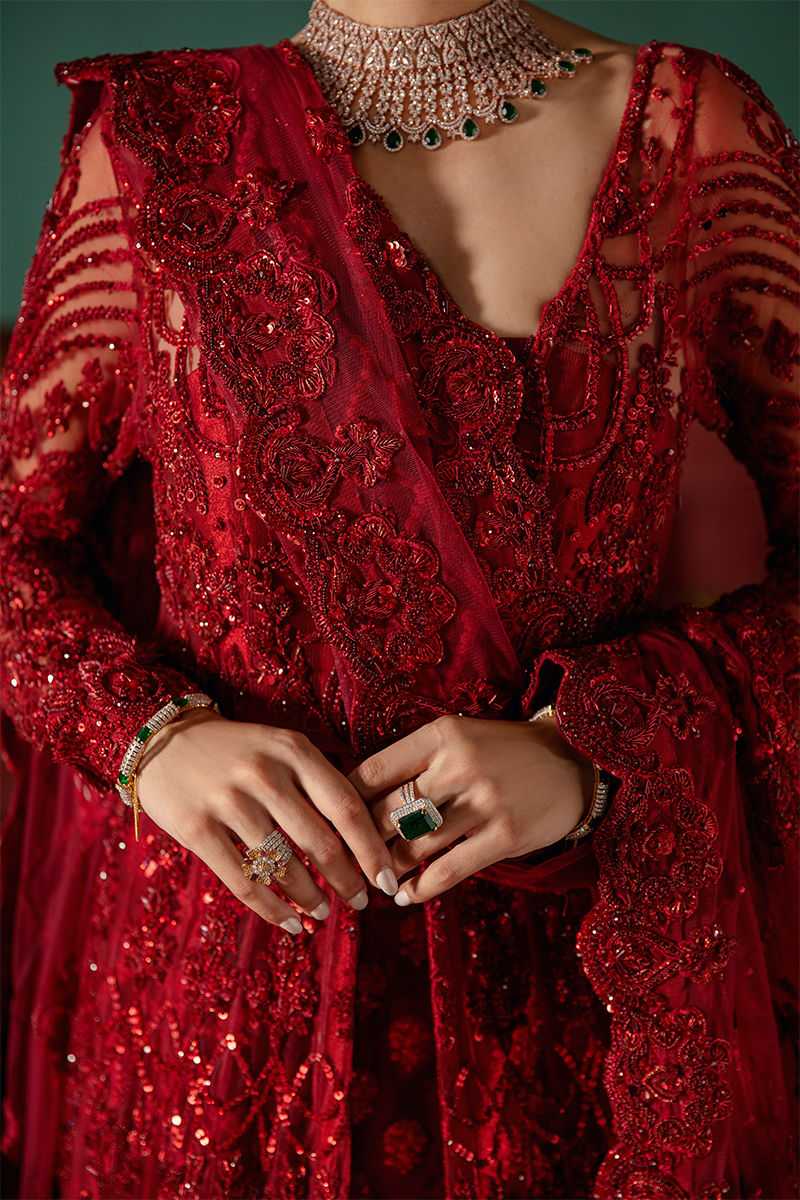Pakistani Deep Red Embroidered Net Bridal Gown (3-Piece) - Image 2