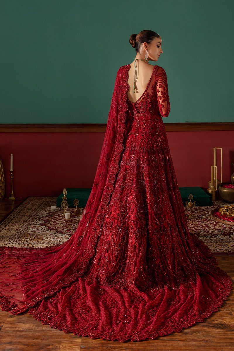 Pakistani Deep Red Embroidered Net Bridal Gown (3-Piece) - Image 3