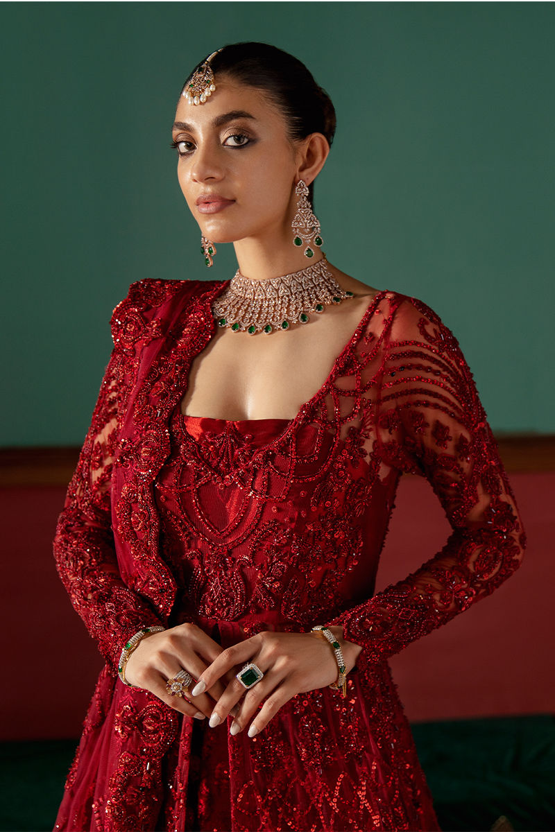 Pakistani Deep Red Embroidered Net Bridal Gown (3-Piece) - Image 5