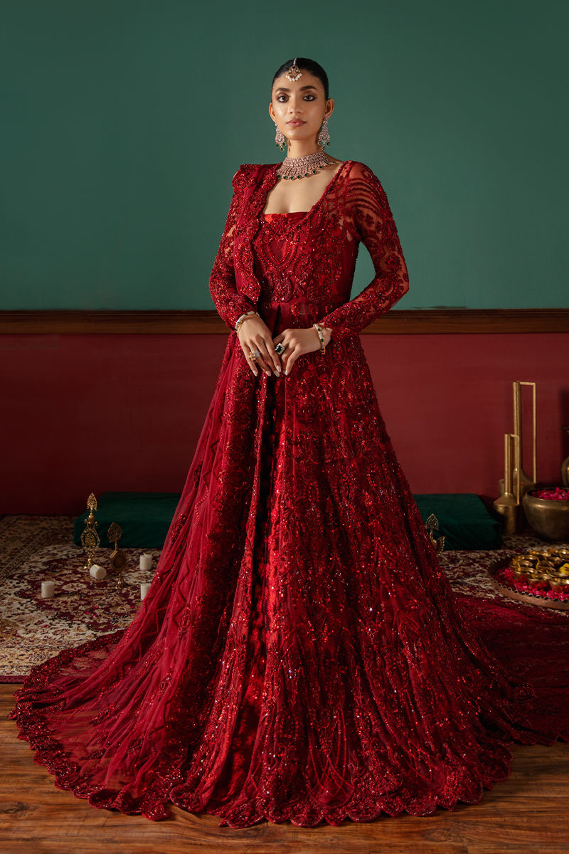 Pakistani Deep Red Embroidered Net Bridal Gown (3-Piece) - Image 6