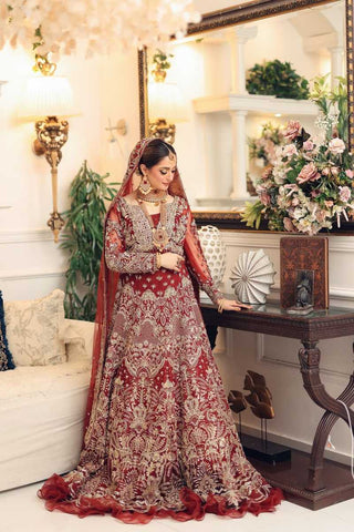 Deep Red Embroidered Net Bridal Gown (2-Piece) - Image 2
