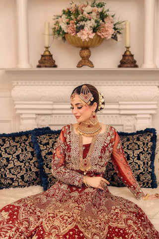 Deep Red Embroidered Net Bridal Gown (2-Piece) - Image 3