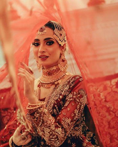 Deep Red Embroidered Net Bridal Gown (2-Piece) - Image 4