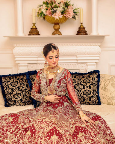 Deep Red Embroidered Net Bridal Gown (2-Piece) - Image 5